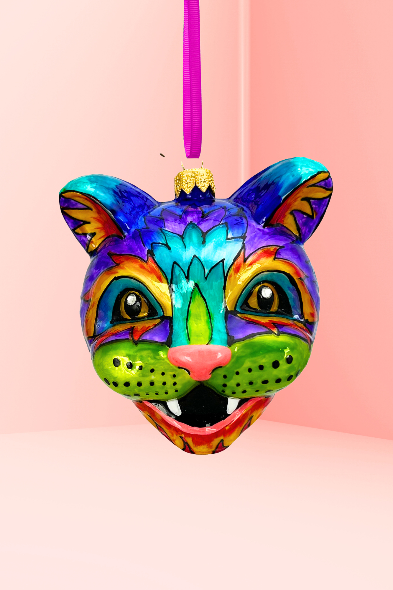 Technicolor Cat Polish Glass Ornament 