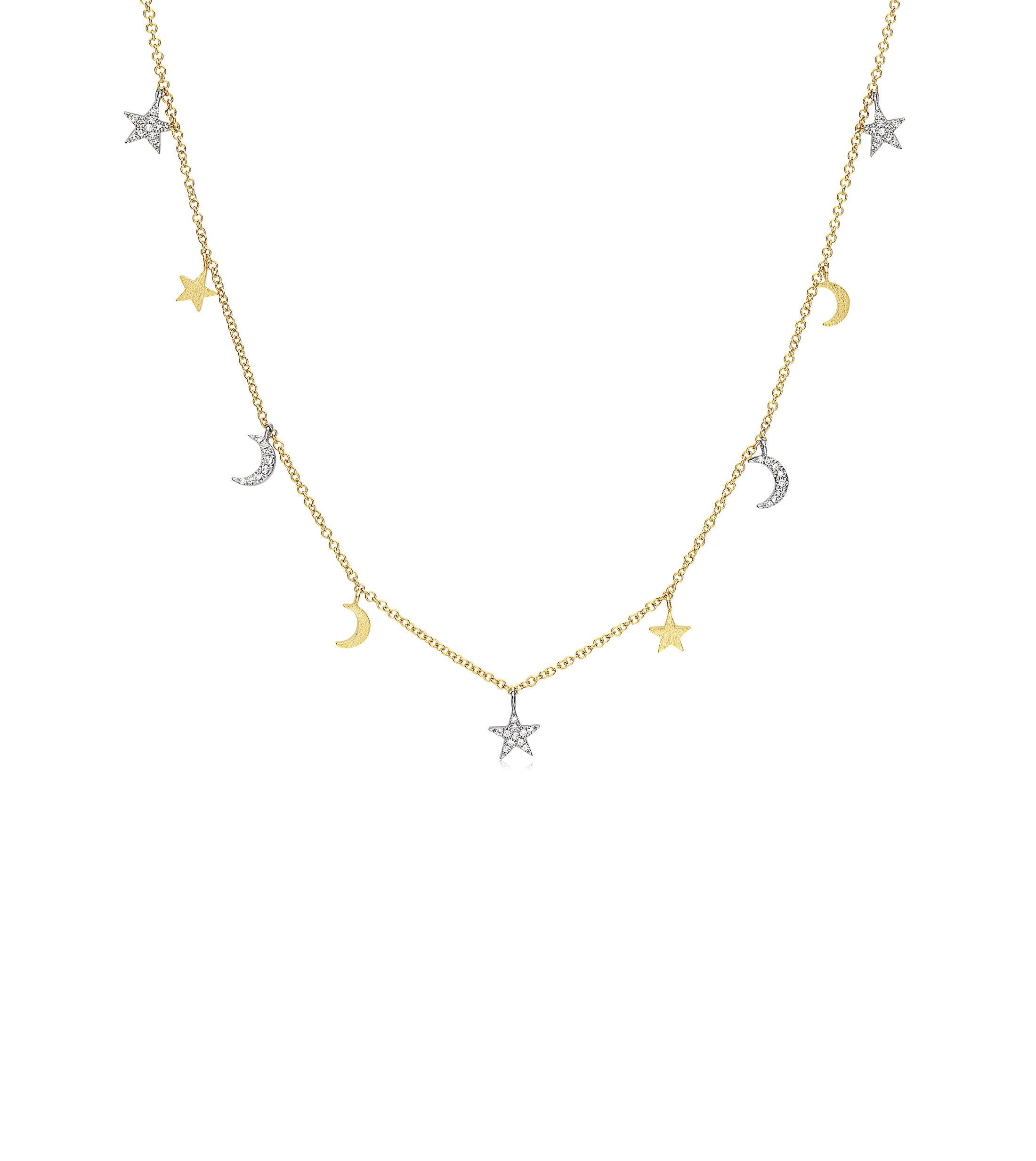 OLIVE & CHAIN Diamond Star-Moon Charm Long Necklace - Two-Tone Gold