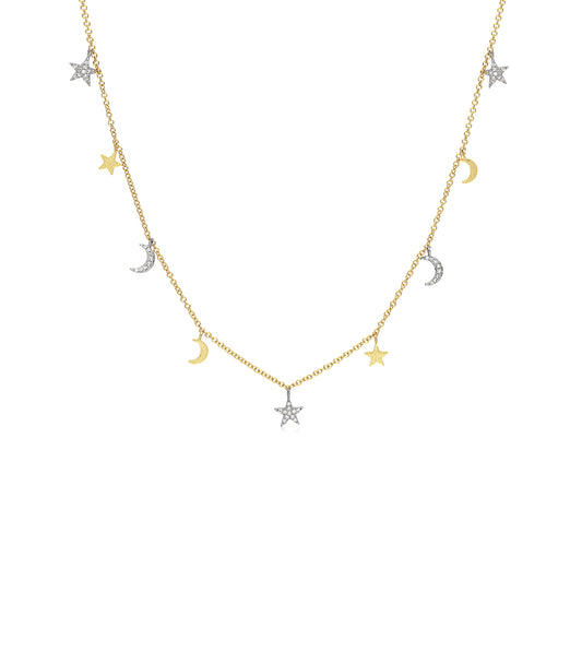 OLIVE & CHAIN Diamond Star-Moon Charm Long Necklace - Two-Tone Gold