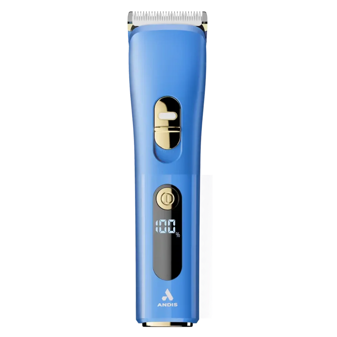 Andis Envision Cordless Clipper Set in blue with a digital display showing battery percentage and a sleek design.