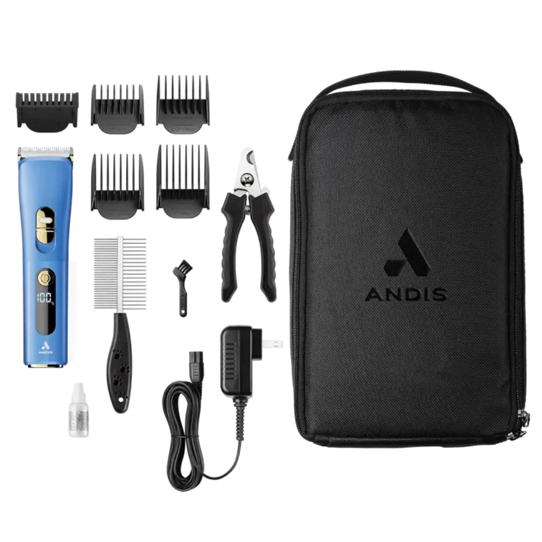 Andis Envision Cordless Clipper Set by Southlake Paws, featuring clippers, combs, scissors, nail clippers, and a storage case
