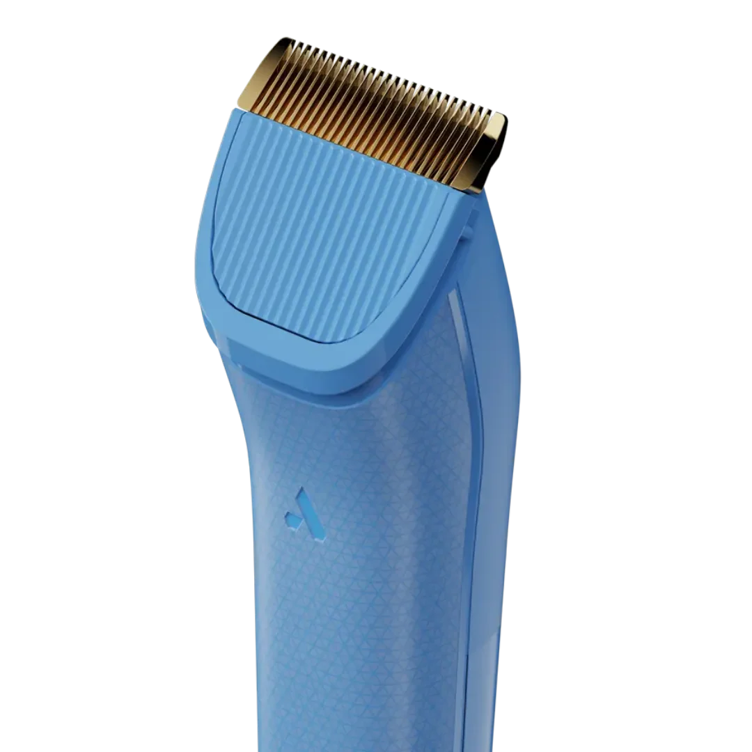 Andis Envision Cordless Clipper Set in blue with a textured grip and gold blade, designed for pet grooming.