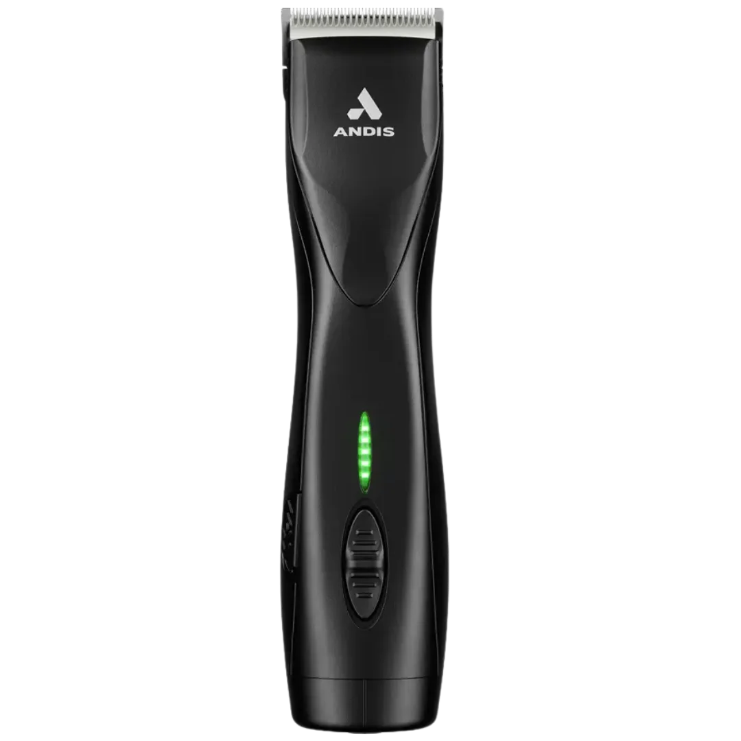 Andis Pulse ZR II Vet Edition cordless clipper in black, featuring a #40 blade and a green power indicator light.