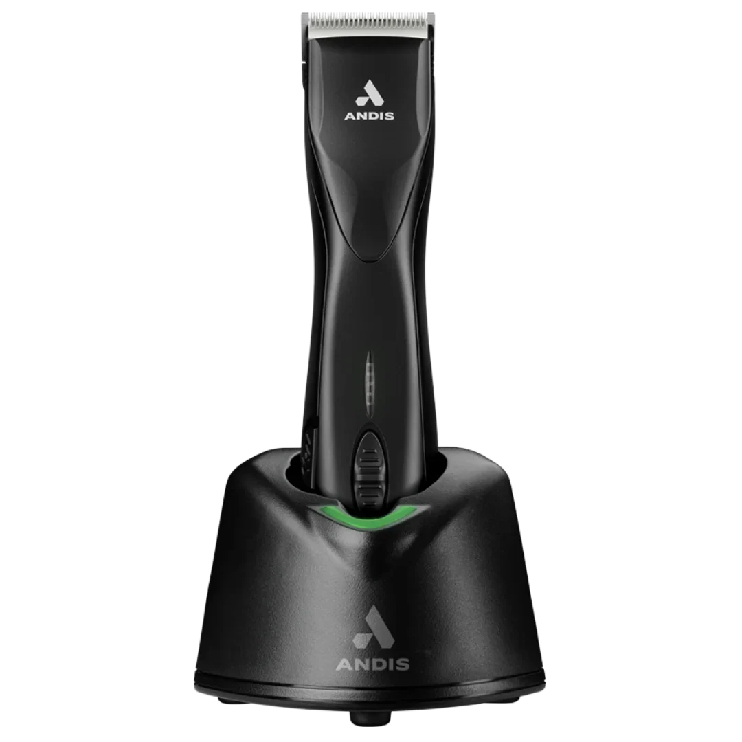 Andis Pulse ZR II Vet Edition cordless clipper in black, displayed in charging dock, featuring a #40 blade and adjustable spe