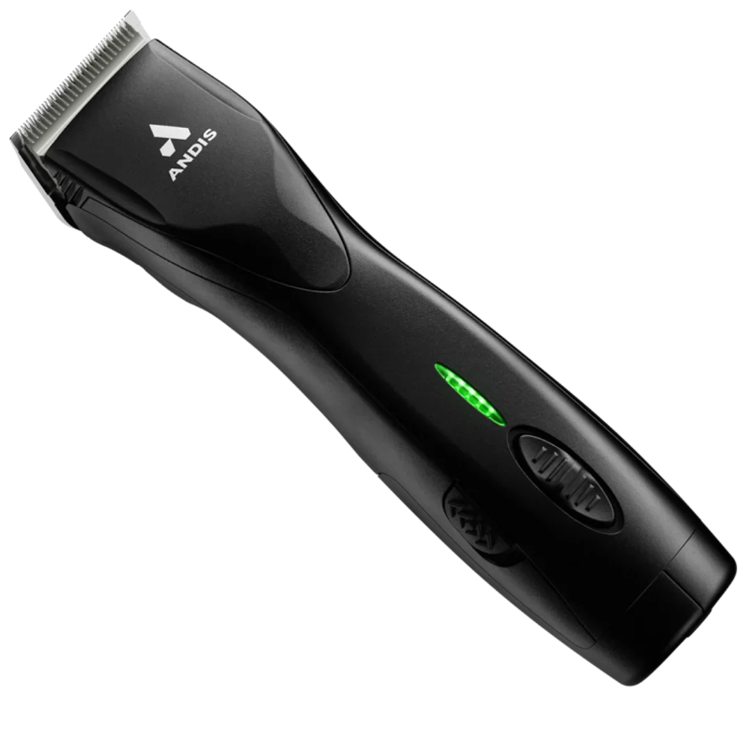 Andis Pulse ZR II Vet Edition cordless clipper in black with a #40 blade and green battery indicator.