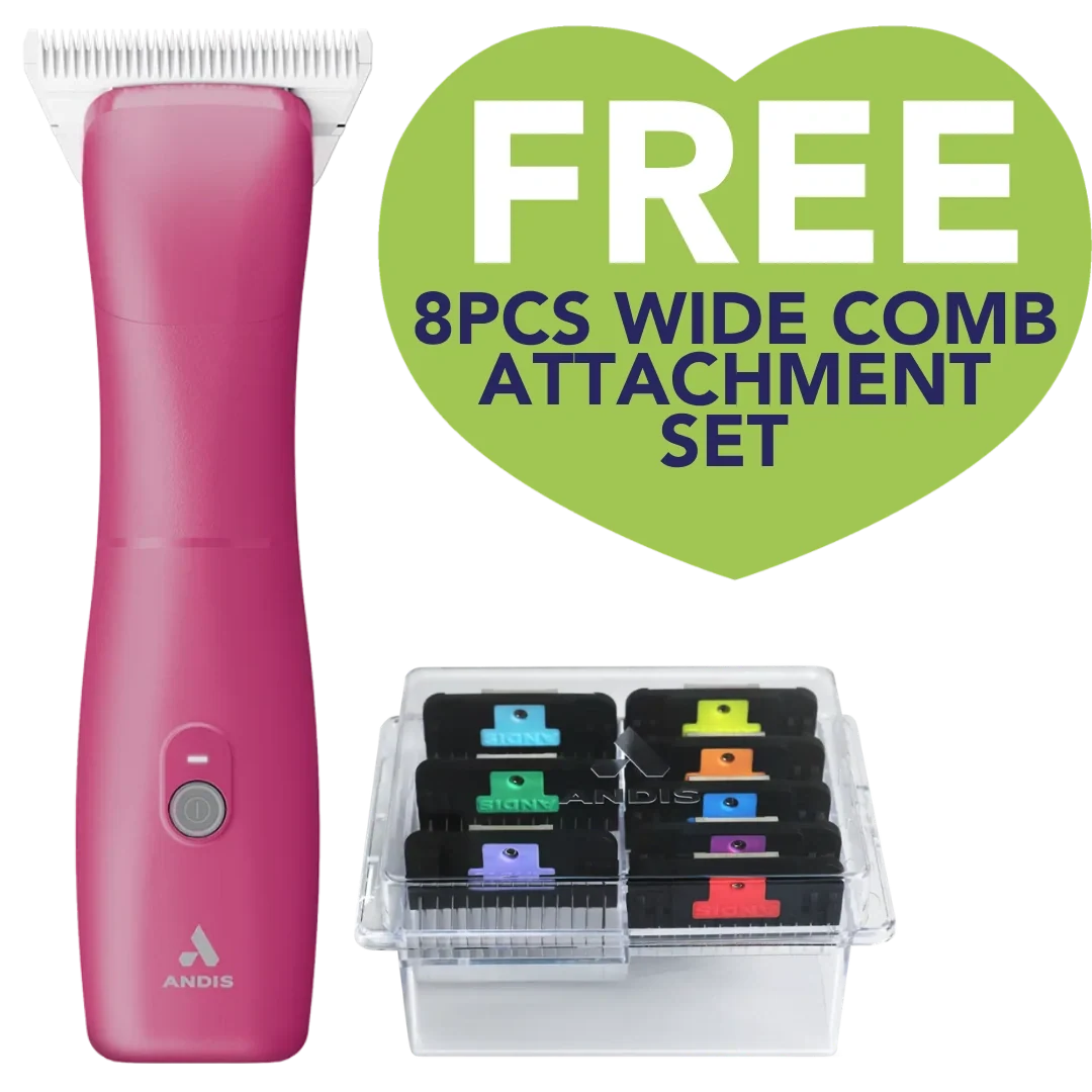 Dog Emerge Clipper Pink with #30W Blade and Free 8Pc Wide Blade Comb Attachment Set by Andis