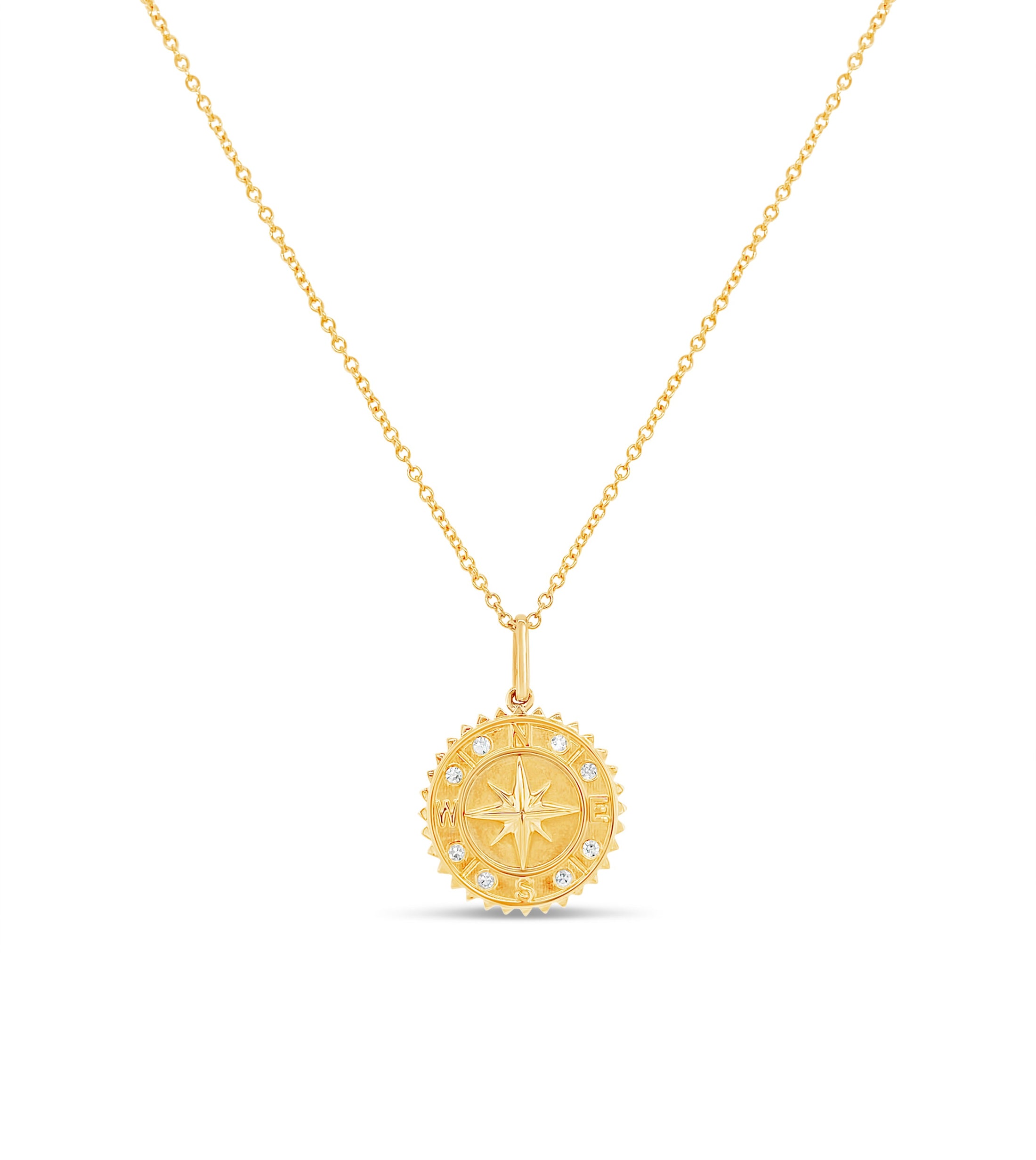 OLIVE & CHAIN Diamond Compass Medallion Disc Necklace - Yellow Gold, 15mm charm (small)
