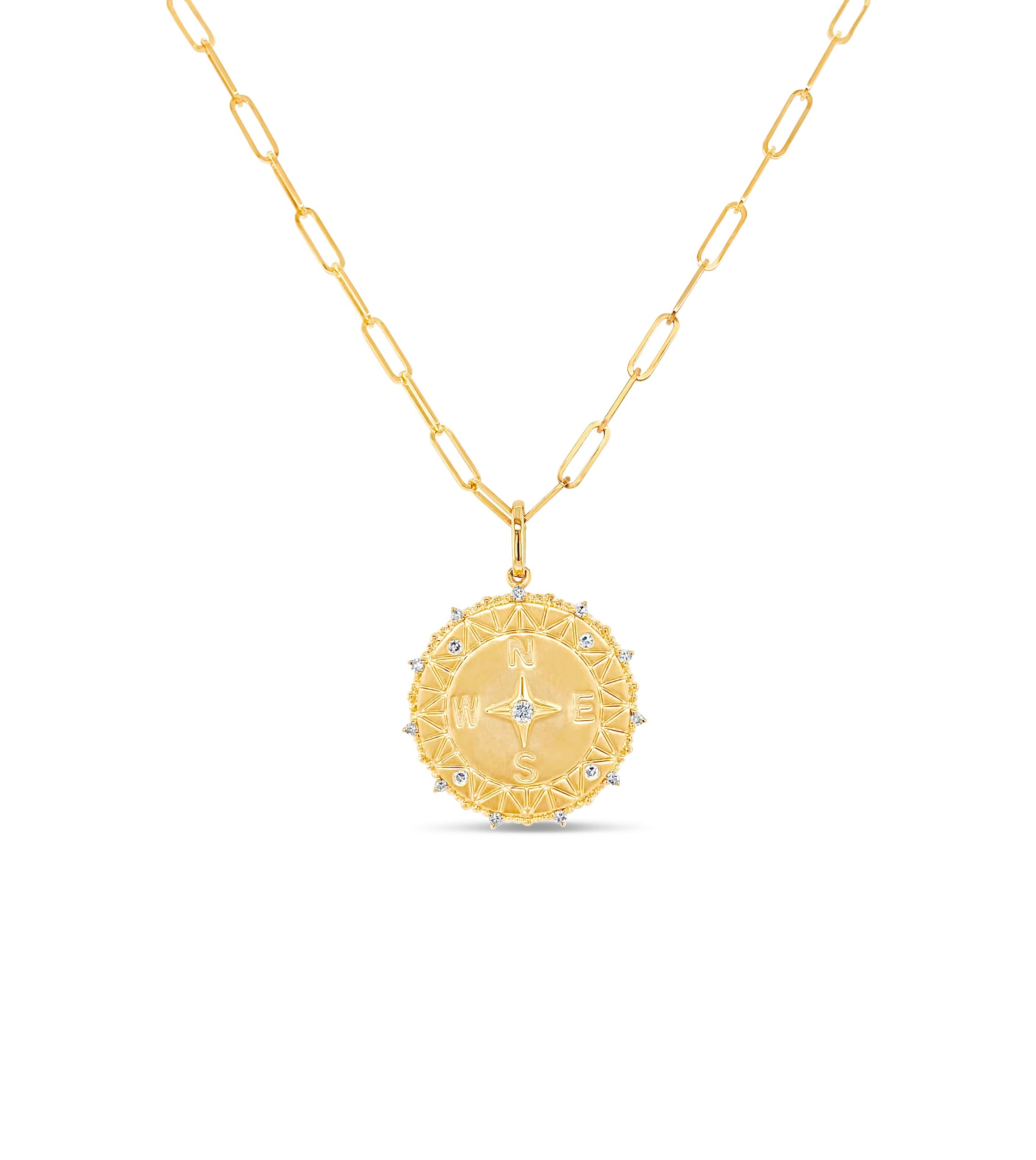 OLIVE & CHAIN Diamond Compass Medallion Disc Necklace - Yellow Gold, 20mm charm (large)