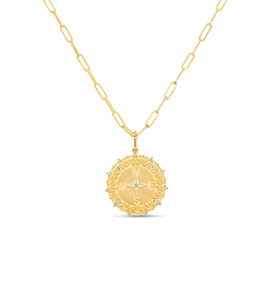 OLIVE & CHAIN Diamond Compass Medallion Disc Necklace - Yellow Gold, 20mm charm (large)