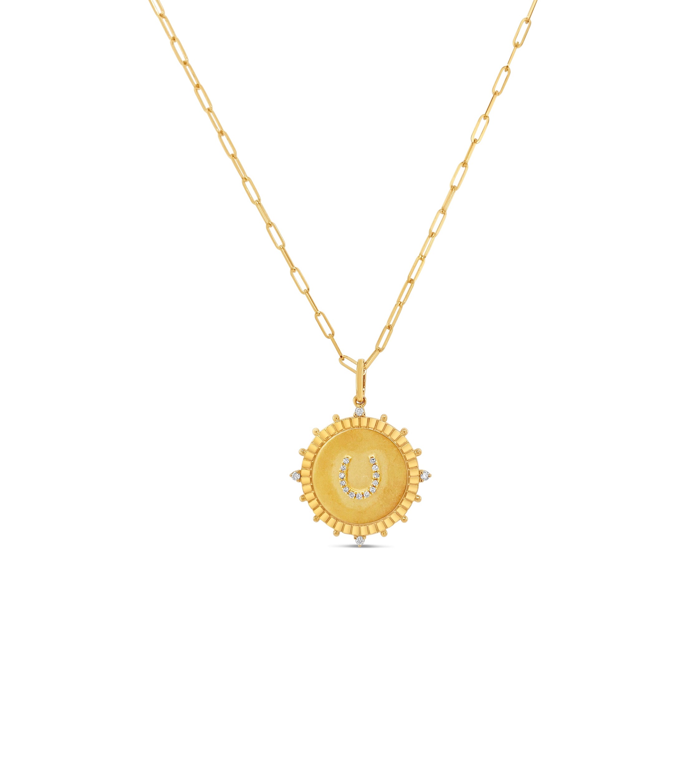 OLIVE & CHAIN Diamond Horseshoe Medallion Disc Necklace - Yellow Gold