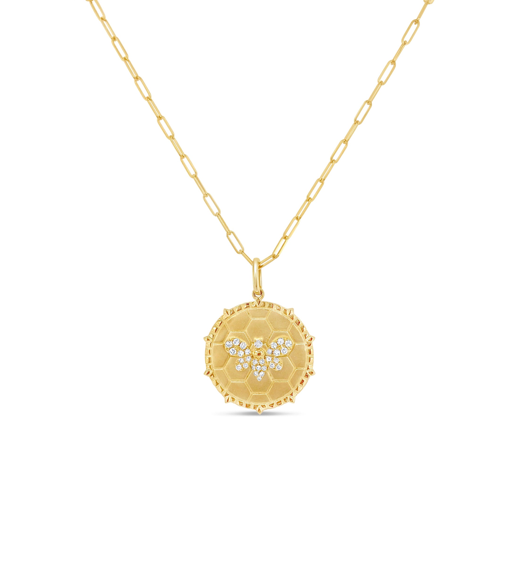 OLIVE & CHAIN Diamond Bumble Bee Medallion Disc Necklace - Yellow Gold