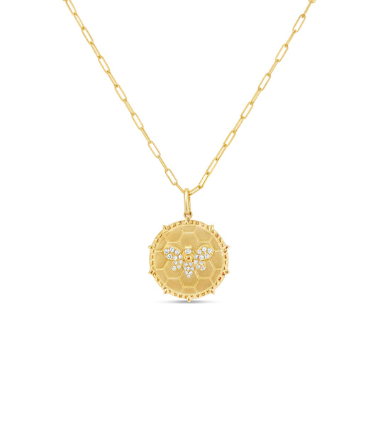 OLIVE & CHAIN Diamond Bumble Bee Medallion Disc Necklace - Yellow Gold