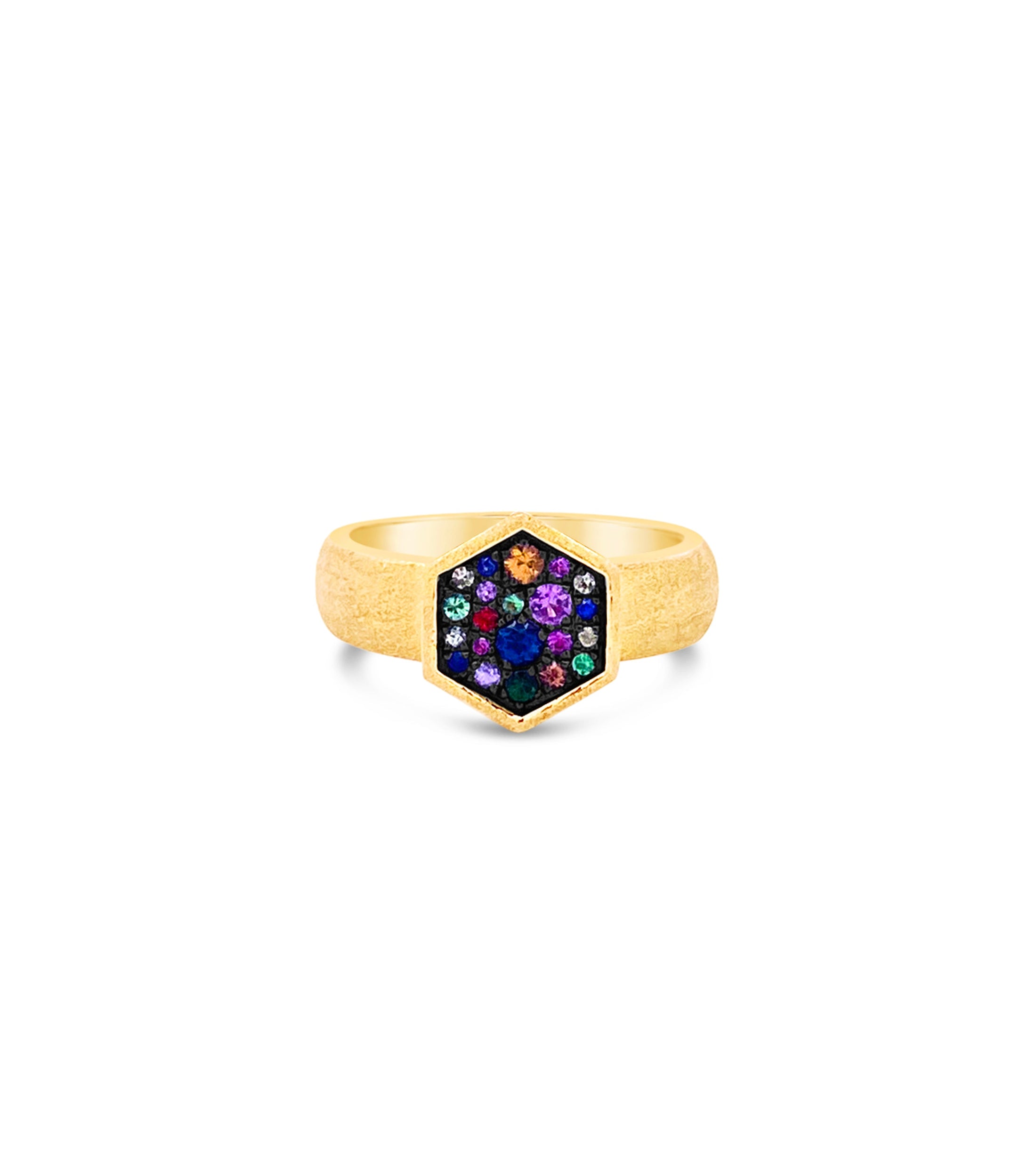 OLIVE & CHAIN Rainbow Hexagon Wide Ring - Yellow Gold, 5.5