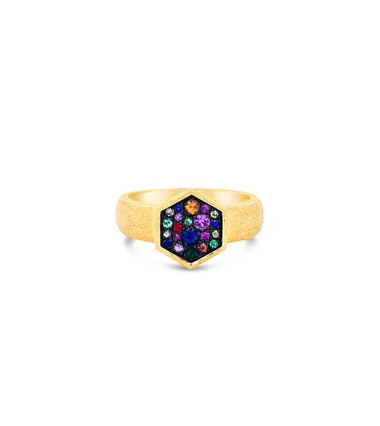 OLIVE & CHAIN Rainbow Hexagon Wide Ring - Yellow Gold, 5.5