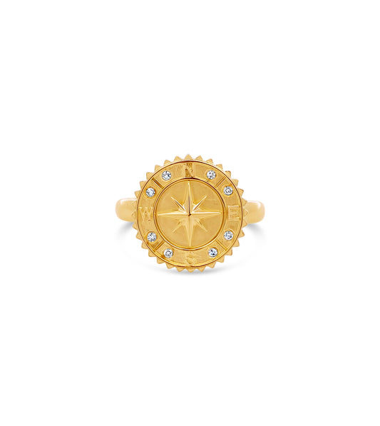 OLIVE & CHAIN Diamond Compass Medallion Ring - Yellow Gold, 5.5