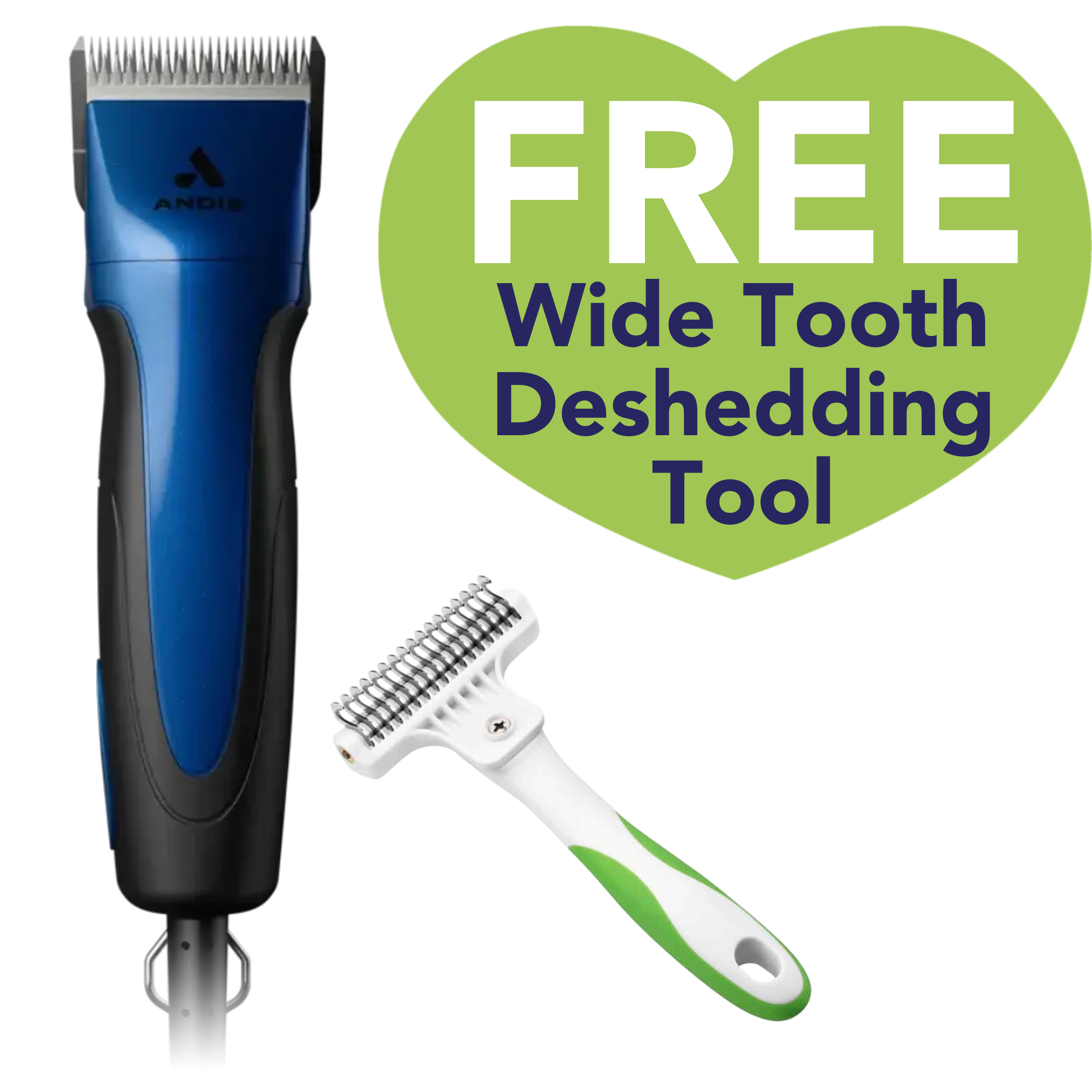 Andis Excel 5-Speed Corded Clipper in blue with a free wide tooth de-shedding tool, ideal for pet grooming.