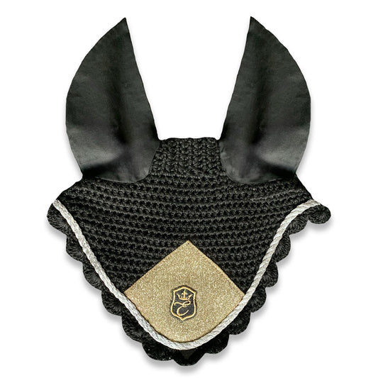 Black crochet fly hat with large ears, gold accent, and scalloped trim, featuring Southlake Paws logo.