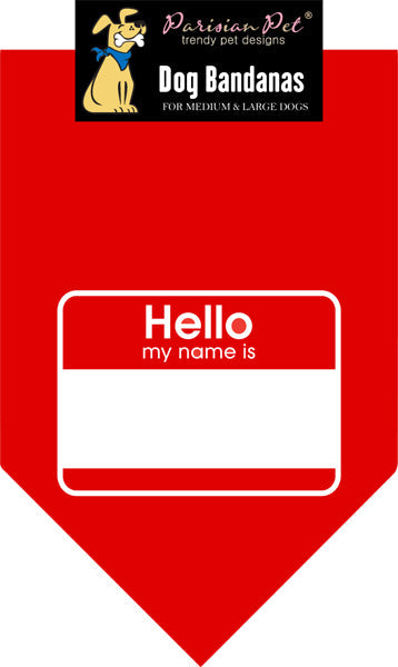 Red pet bandana featuring a white name tag design that reads "Hello my name is," suitable for dogs and cats.