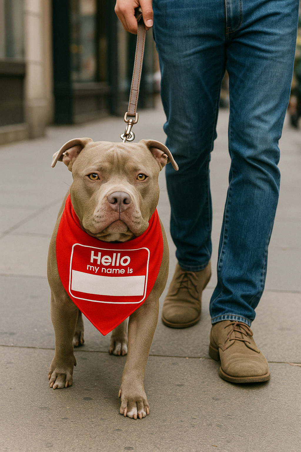 Red "Hello My Name Is" bandana on a dog, worn by a person walking on a city street. Trendy and comfortable design.