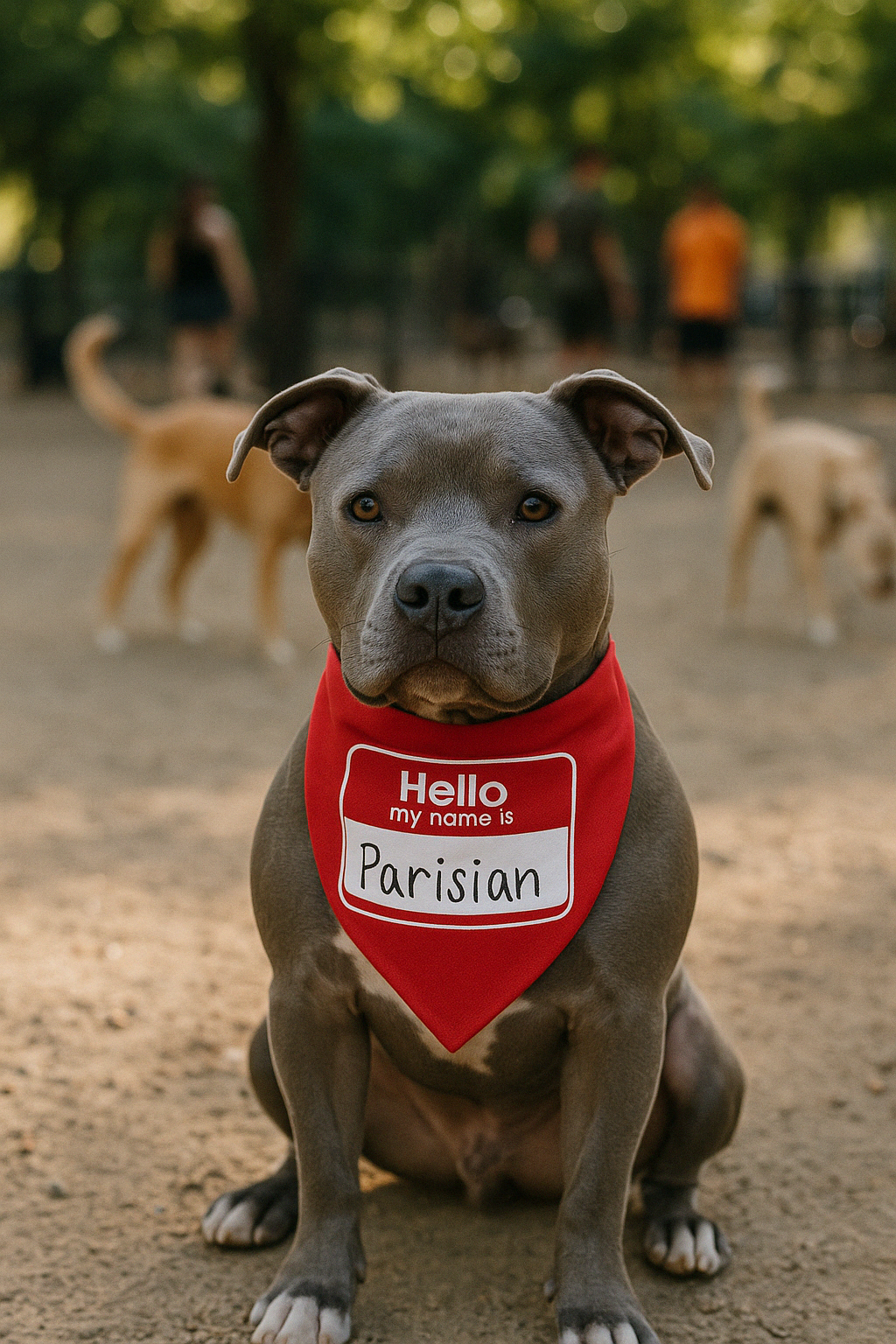 Red bandana for pets with "Hello My Name Is" tag, worn by a seated dog in a park setting. Ideal for dogs and cats.
