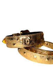 Glam Gold Embossed Studded Italian Leather Collar & Leash Set With Our Custom Swarovski Crystal Buckle