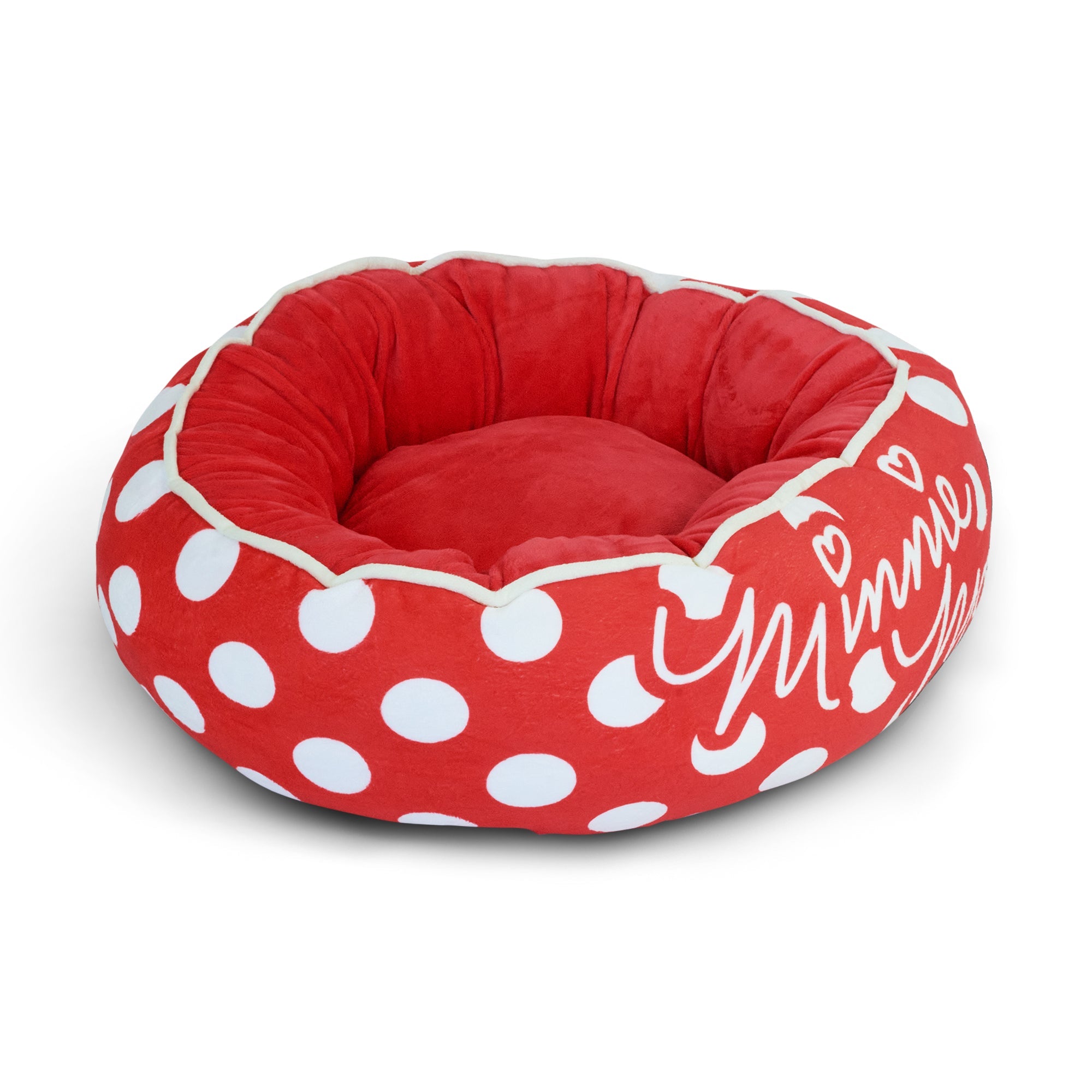 Donut Pet Bed - MINNIE MOUSE Script and Polka Dot Red/White