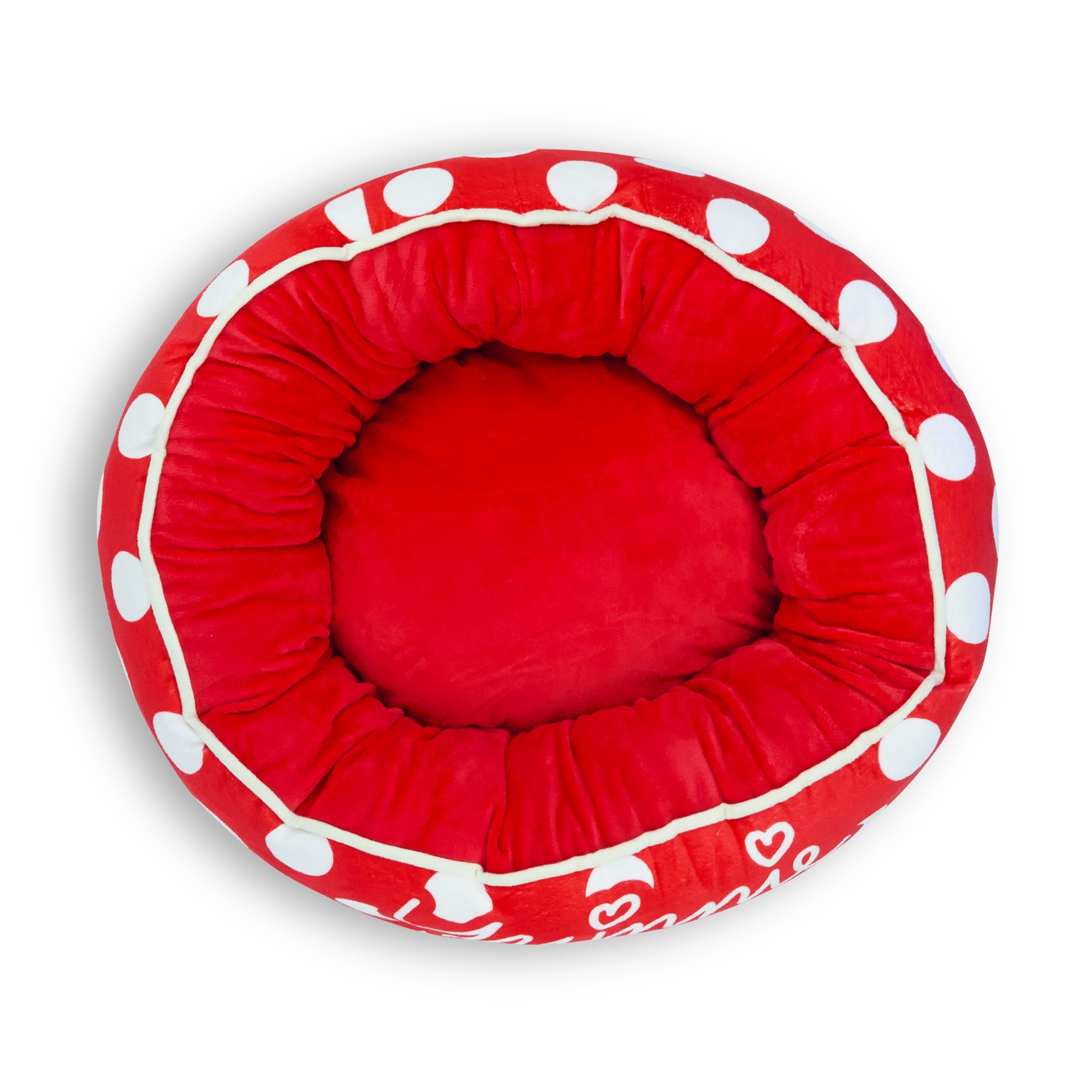 Donut Pet Bed - MINNIE MOUSE Script and Polka Dot Red/White