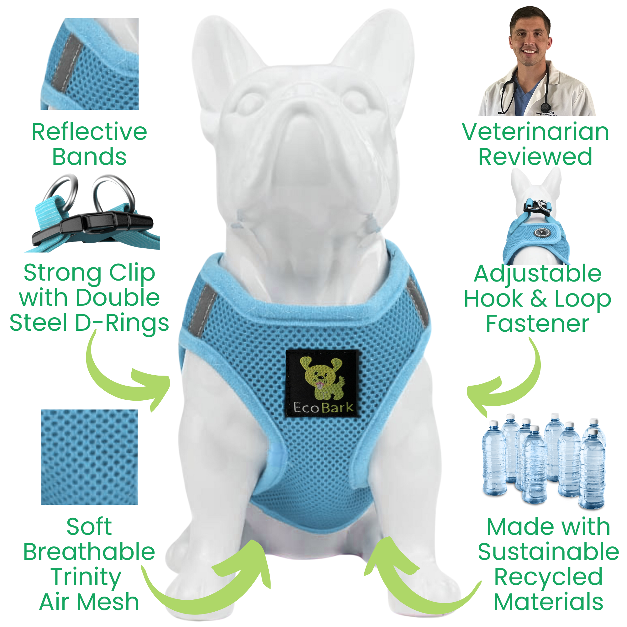 EcoBark Step In Dog Harness - XXXS to Small Breeds- Reflective Soft Mesh Harness for Teacup, Small Dogs and Puppies / Sky Blue
