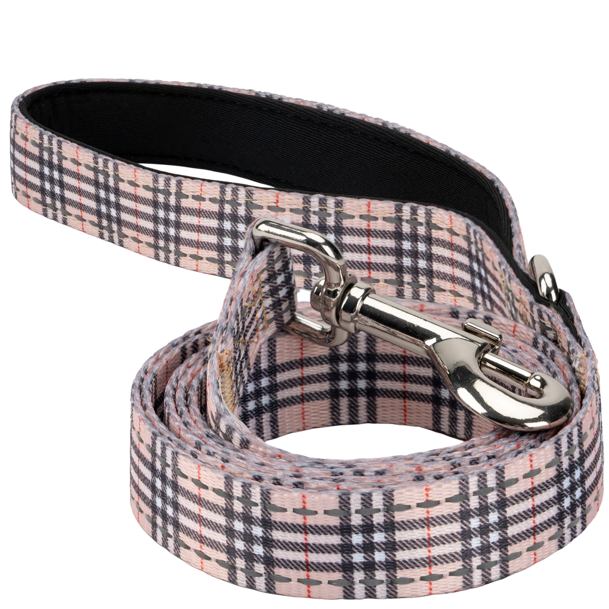 EcoBark Tan Plaid Dog Leash featuring a padded comfort grip and a silver clip, available in 4ft, 5ft, and 6ft lengths.