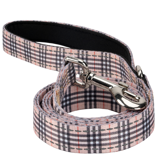 EcoBark Tan Plaid Dog Leash featuring a padded comfort grip and a silver clip, available in 4ft, 5ft, and 6ft lengths.