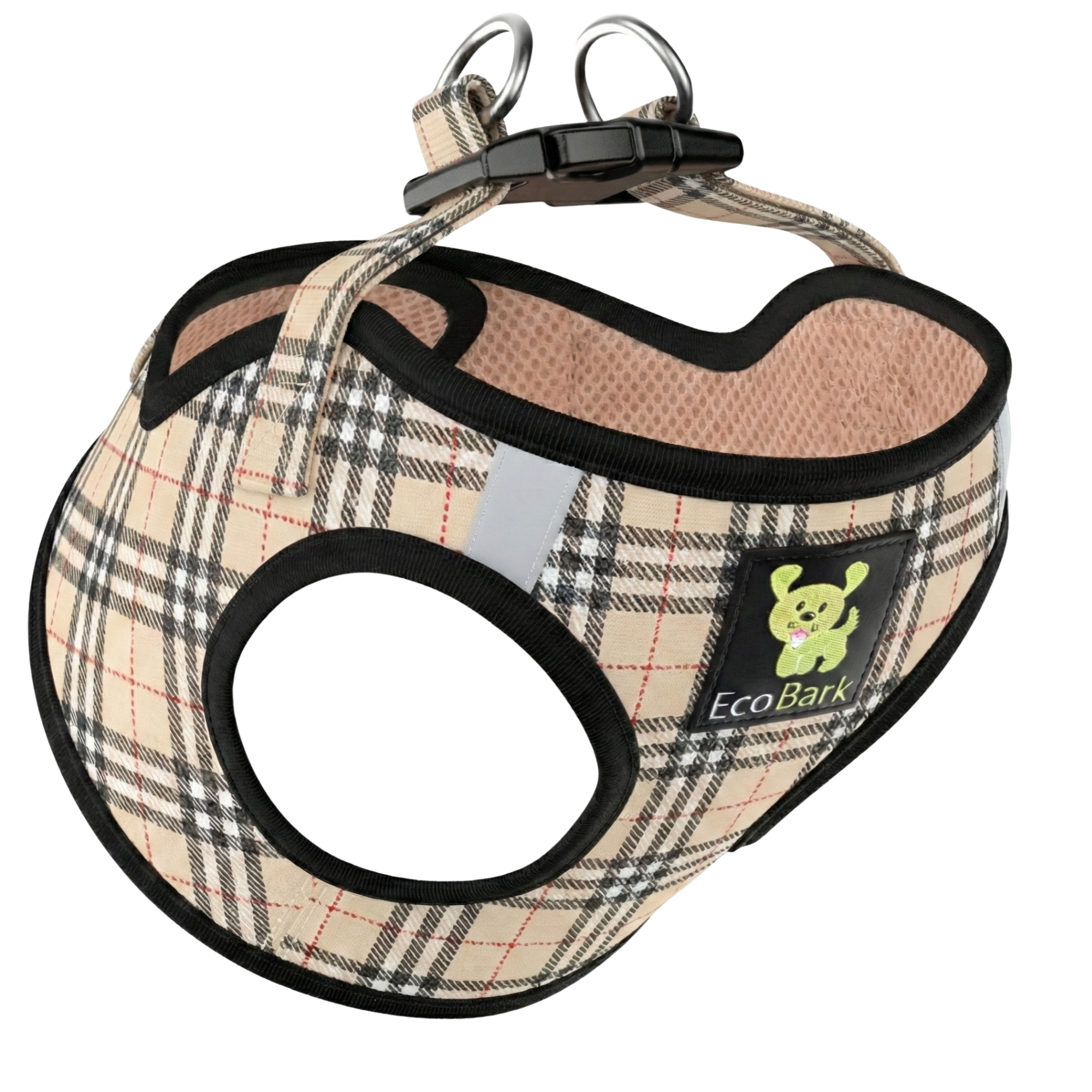 EcoBark Step In Dog Harness - XXXS to Small Breeds- Reflective Soft Mesh Harness for Teacup, Small Dogs and Puppies / Beige Plaid
