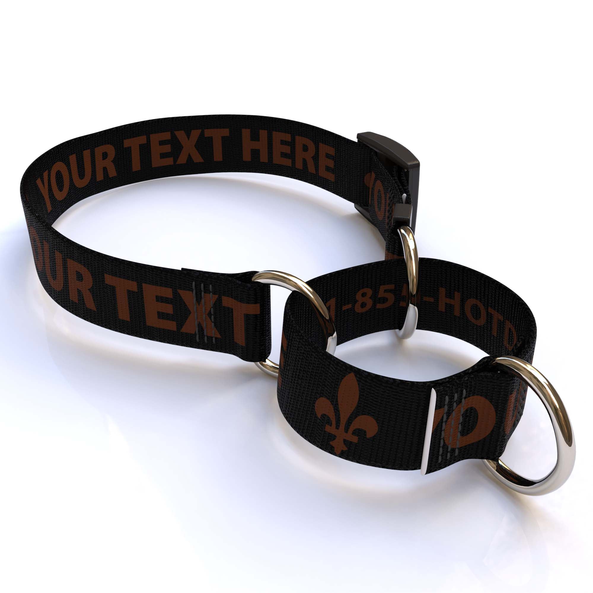 Personalized Solid Colored Martingale Collar by Southlake Paws in black with customizable text and metal rings.