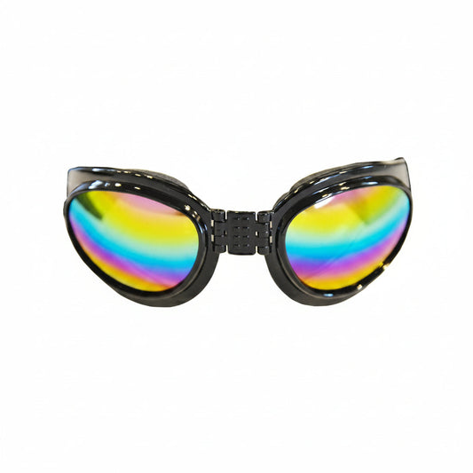 K9 Sport Shades by Southlake Paws, featuring black frames and colorful mirrored lenses designed for dogs.