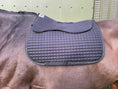 Load image into Gallery viewer, Southlake Paws VIP Pad Covers, quilted black saddle pad with a smooth top, fitted on a horse's back.
