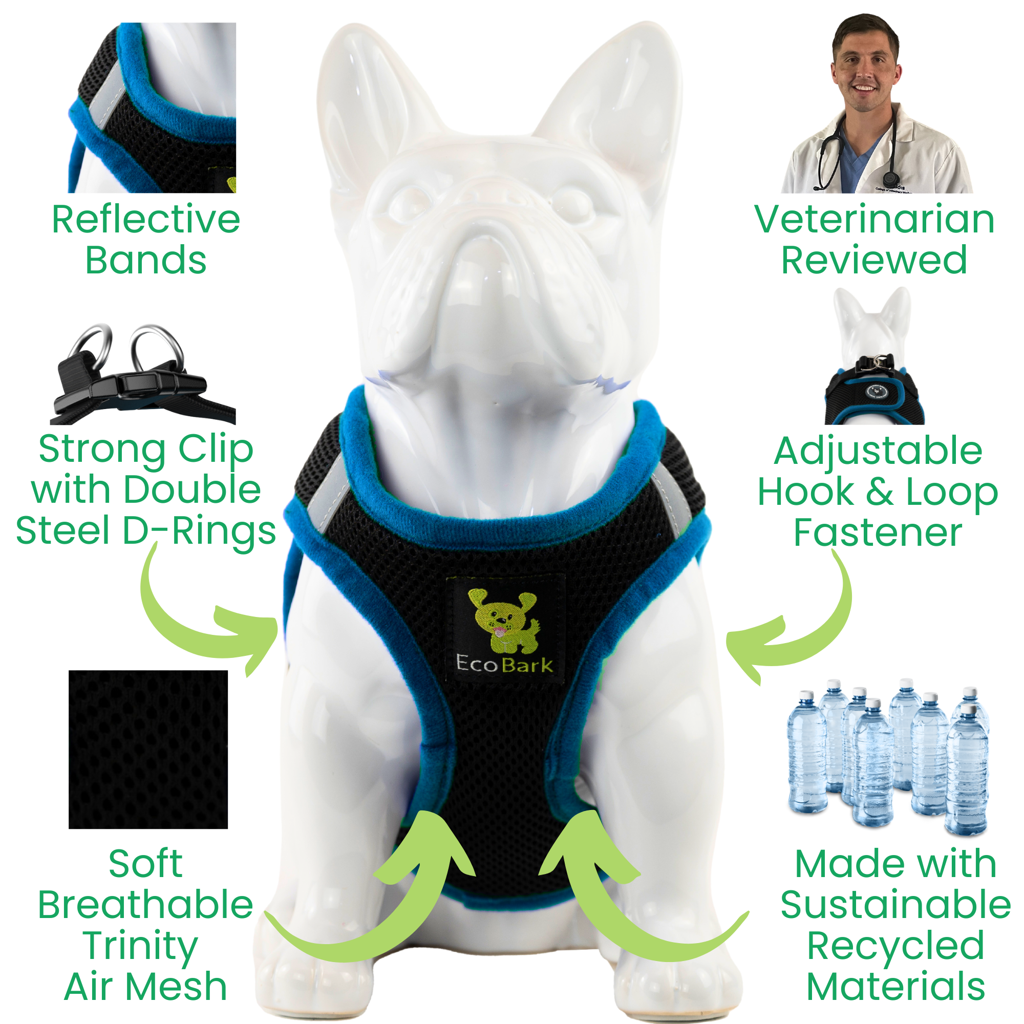 EcoBark Step In Dog Harness - XXXS to Small Breeds- Reflective Soft Mesh Harness for Teacup, Small Dogs and Puppies / Black w/ Teal Piping