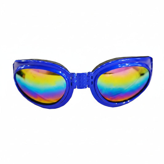 Blue dog goggles with rainbow-tinted lenses, designed for outdoor protection and style. Ideal for active dogs.