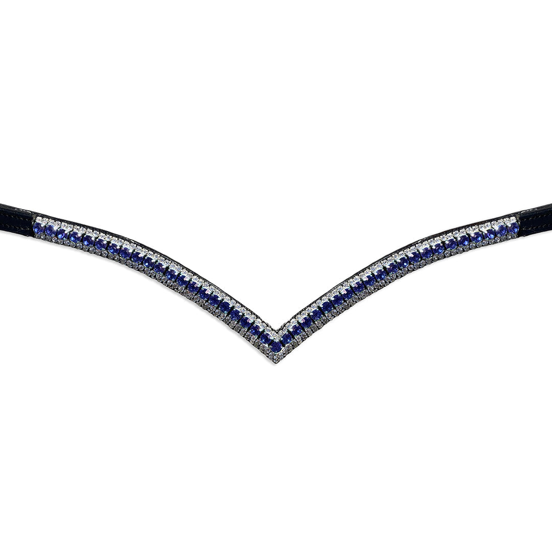 Blue Astra Browband by Southlake Paws featuring a V-shaped design with blue and clear rhinestones on a black base.
