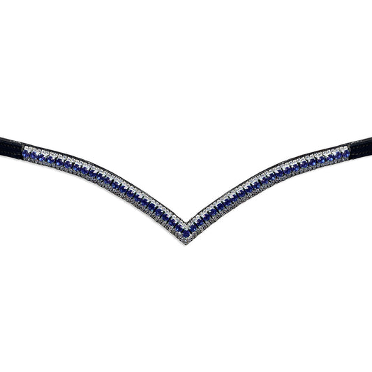 Blue Astra Browband by Southlake Paws featuring a V-shaped design with blue and clear rhinestones on a black base.
