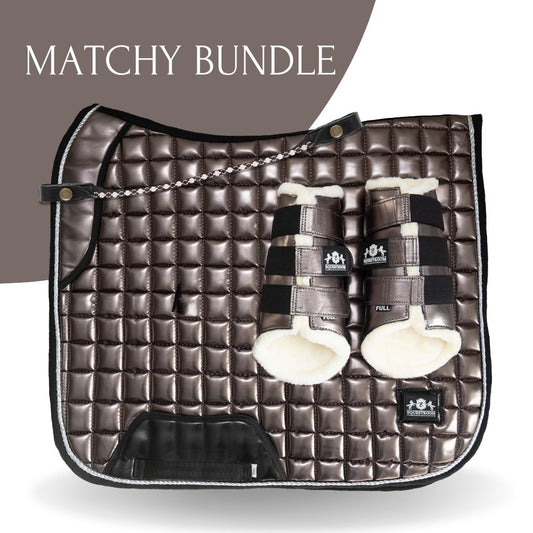 Southlake Paws Spaceship Grey Saddle Pad Set featuring a quilted saddle pad and matching boots with fleece lining.