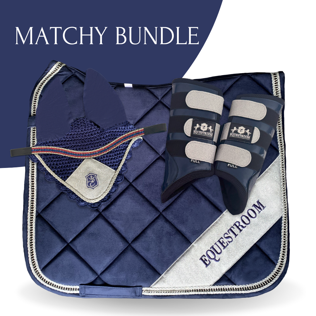 Patriot American Saddle Pad Set by Southlake Paws featuring a navy saddle pad, ear bonnet, and matching boots.