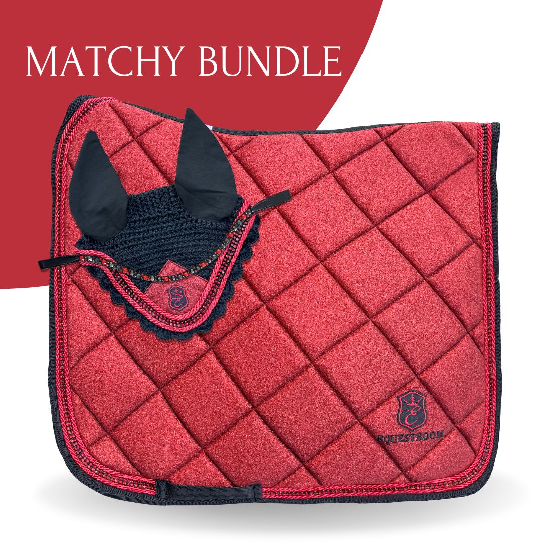 Crimson Red Saddle Pad Set by Southlake Paws featuring a quilted saddle pad and matching ear bonnet.