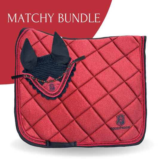 Crimson Red Saddle Pad Set by Southlake Paws featuring a quilted saddle pad and matching ear bonnet.