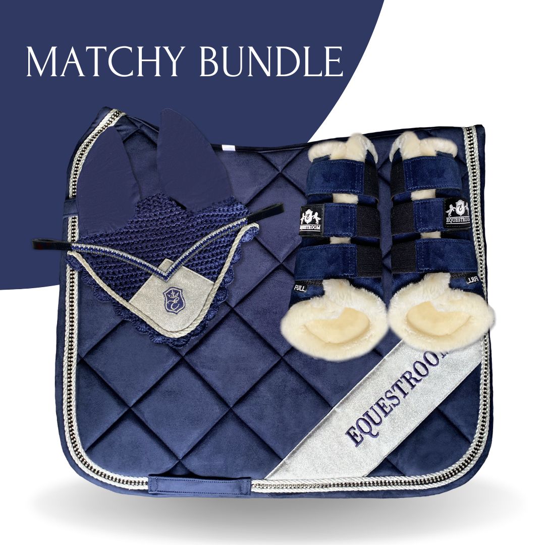Blue Astra Saddle Pad Set by Southlake Paws featuring a quilted saddle pad, ear bonnet, and matching boots with fleece lining