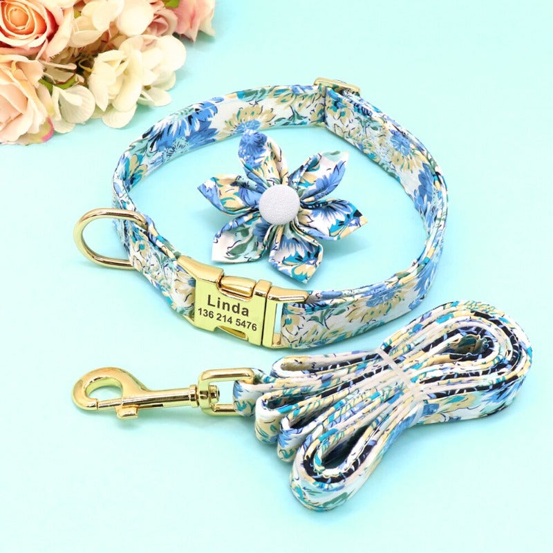 Blue Daisy Flower Dog Collar & Leash Set | Personalized Free - Southlake Paws