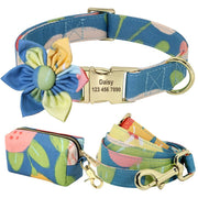 Blue Flower Dog Collar & Leash Set with Matching Poop Bag Case | Personalized Free
