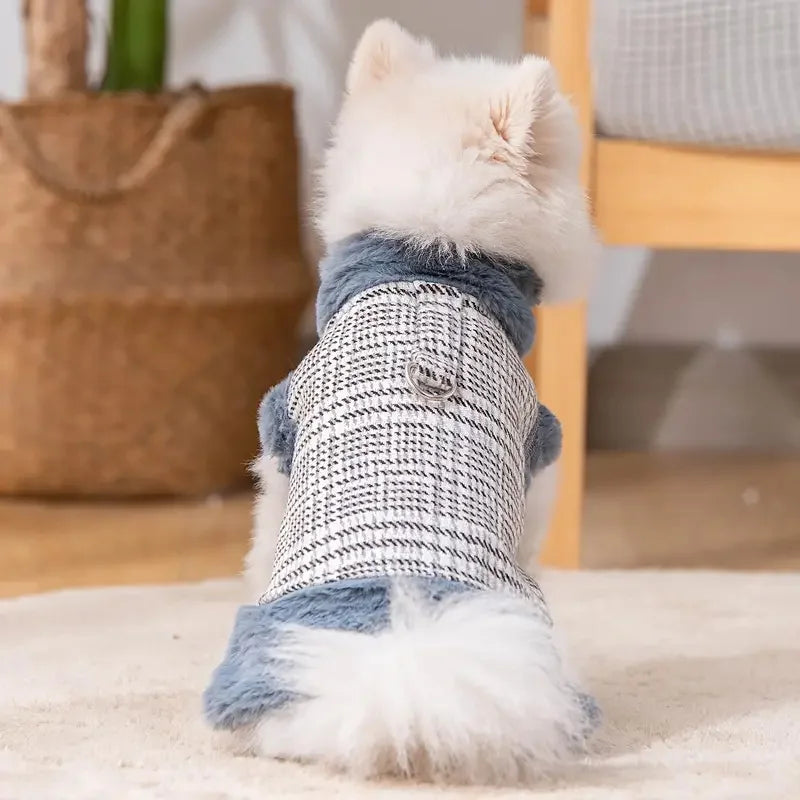 Winter Fleece-Lined Check Dog Harness Dress Coat