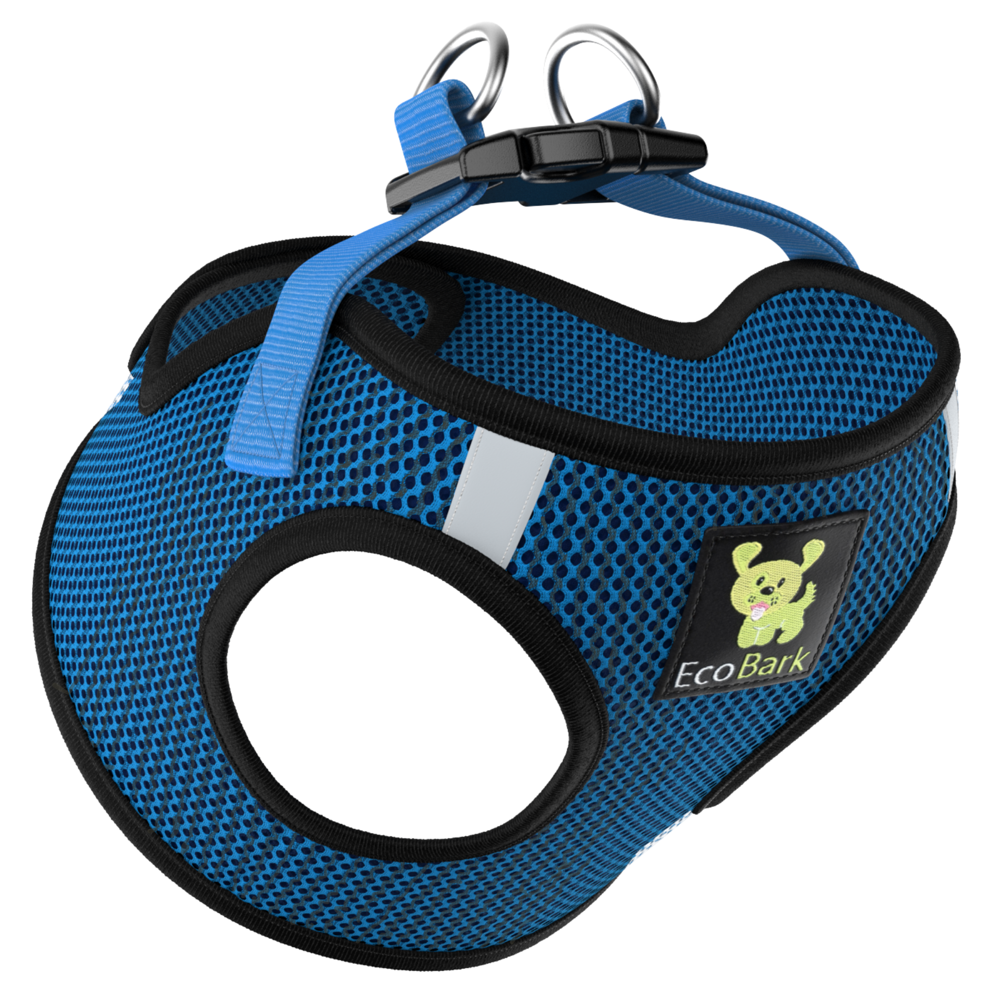 Blue dog harness with black trim and EcoBark logo on a white background