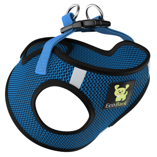 Blue dog harness with black trim and EcoBark logo on a white background