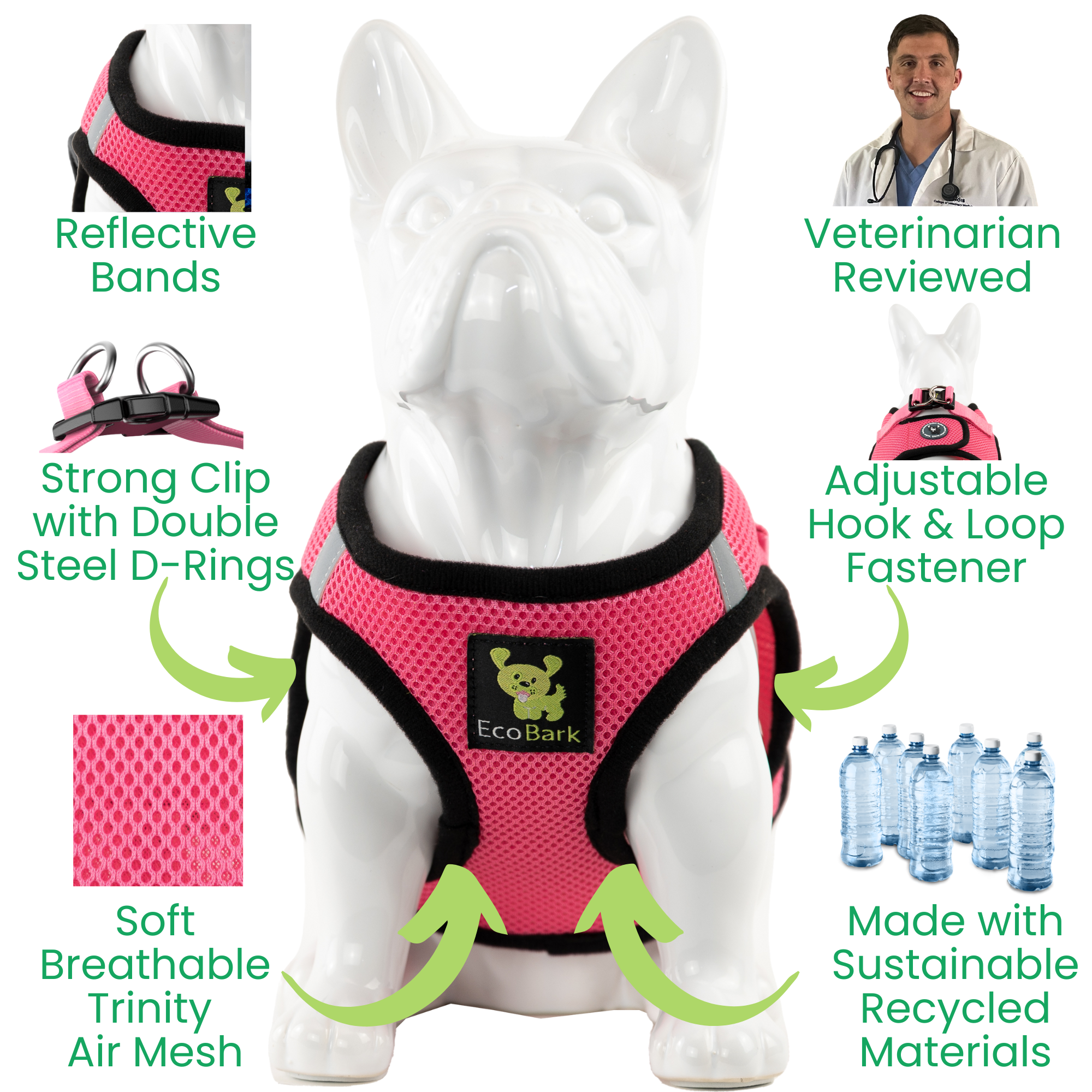 EcoBark Step In Dog Harness - XXXS to Small Breeds- Reflective Soft Mesh Harness for Teacup, Small Dogs and Puppies / Bubblegum Pink