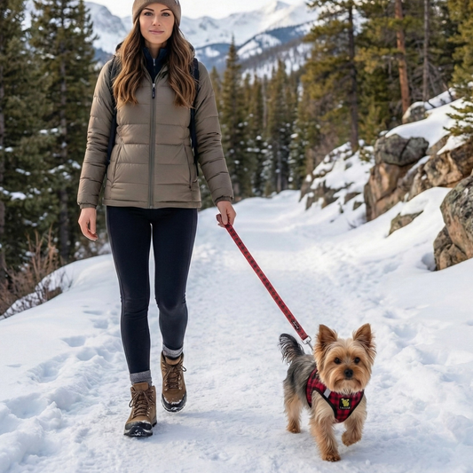 A woman in a puffer jacket walks a small dog wearing a plaid harness on a snowy path surrounded by trees, using a red plaid d